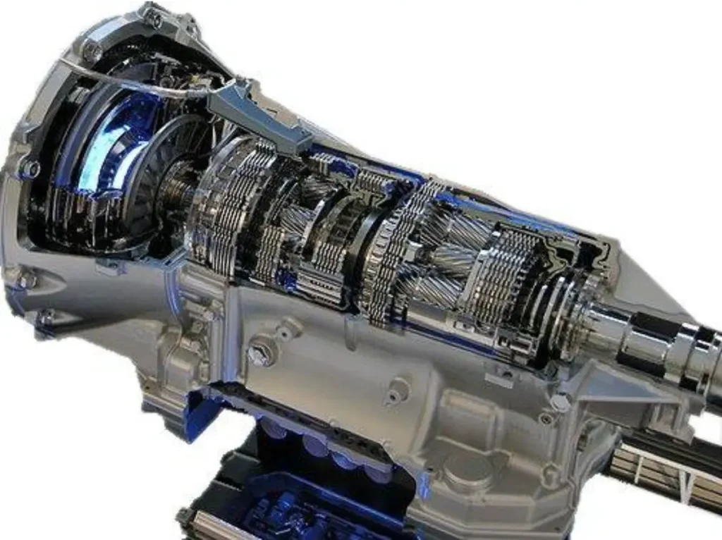 A cutaway view of an automatic transmission, revealing its intricate internal gears, shafts, and components.